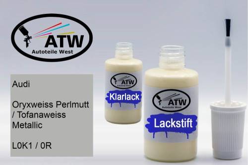 Audi, Oryxweiss Perlmutt / Tofanaweiss Metallic, L0K1 / 0R: 20ml Lackstift + 20ml Klarlack - Set, von ATW Autoteile West.
